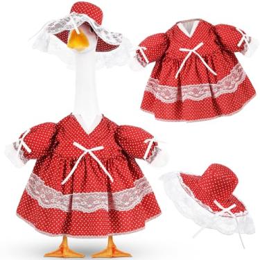 Imagem de Aliceset Roupa de ganso para varanda de verão, saia Lolita de bolinhas com chapéu de margarida branca para decoração de pátio externo de 58 cm (vermelho)