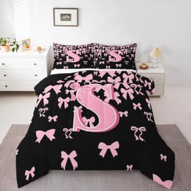 Imagem de jejeloiu Conjunto de edredom com laço fofo, solteiro, letra P, para crianças, meninos, meninas, preto, rosa, coquete, laço, edredom com monograma, 2 peças com 1 fronha