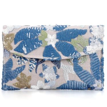 Imagem de Crbeqabe Bolsa de mão floral bordada de lantejoulas para noite com contas para festa de casamento, Azul, One Size