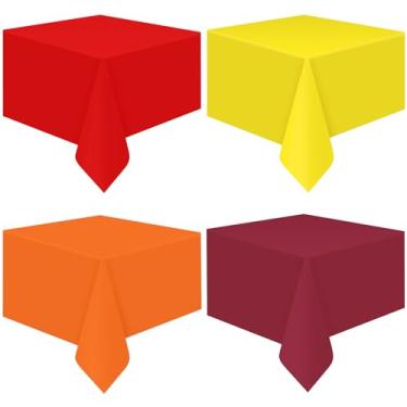 Imagem de MASHAN 4 toalhas de mesa descartáveis para outono, toalhas de mesa de plástico de Ação de Graças, laranja, marrom, vermelho, amarelo, retangular para decoração de festa de aniversário, 137 x 272 cm