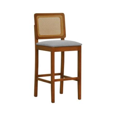 Imagem de Banqueta Alta Bistrô Lyon Madeira Maciça Telinha Amêndoa - Amêndoa - Assento Estof. Linho Cinza Mescla Impermeável