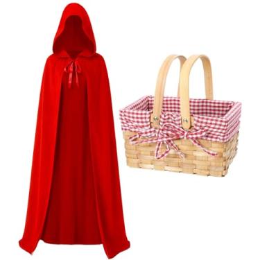 Imagem de Hicarer Capa vermelha com capuz com cesta pequena forrada com forro guingão, capa de veludo longa completa com cesta de piquenique para fantasia feminina de Halloween