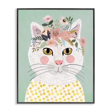 Imagem de Stupell Industries Gato branco brincalhão com flores preto emoldurado giclée design de arte por Mia Charro, 76 x 61 cm