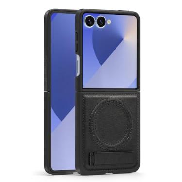 Imagem de Lunivop Capa de couro para Samsung Galaxy Z Flip 7 [compatível com carregamento sem fio Magsafe] Suporte magnético Funda para Z Flip 7 Rugged Best Phone Cases Preto