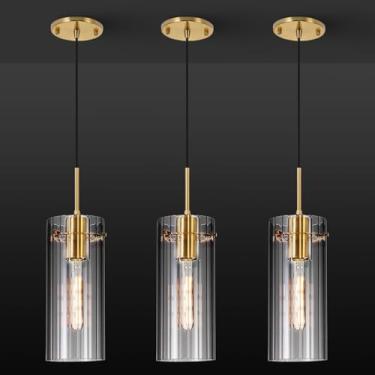 Imagem de FEAZAC Luminárias pendentes douradas, pacote com 3 lâmpadas pendentes modernas com persiana de vidro listrado transparente, luzes pendentes penduradas ilha de cozinha, iluminação pendente de fazenda