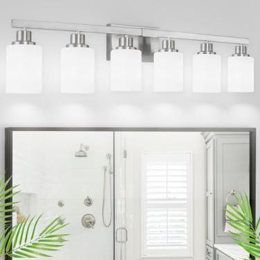 Imagem de DIKAIDA Luminária de banheiro de 96,5 cm, 6 luzes de níquel para banheiro, iluminação de arandela de parede com sombra de vidro branco leitoso, luzes de parede, lâmpadas de parede vintage de banheiro