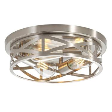 Imagem de 3 luminárias próximas ao teto, luz de teto embutida de níquel escovado de 33 cm, luz de teto moderna com gaiola de metal interna para cozinha, quarto, lavanderia, banheiro, hall de entrada, escritório