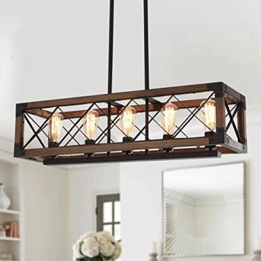 Imagem de Lingkai Iluminação de ilha de cozinha, lustre linear de casa de fazenda de 81 cm e 5 luzes para sala de jantar, luminárias pendentes de mesa de sinuca, acabamento de grão de madeira rústica