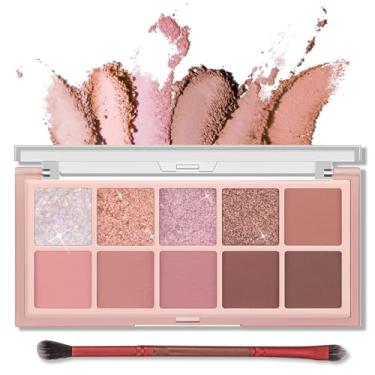 Imagem de Erinde Paleta de sombras de 10 cores – Sombra fosca com glitter, maquiagem coreana de aparência natural, ultra-misturável, pigmentada, paleta de sombras de Natal rosa com pincel, rosa rosa