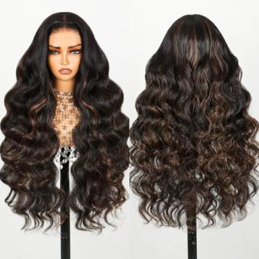 Imagem de TESLAL Peruca P1B/30 Highlight Wear and Go sem cola, pré-cortada, ondulada corporal, 15 x 15 cm, alta definição, fibra de cabelo e cabelo humano da Crafted Technology, densidade de 260%, 66 cm