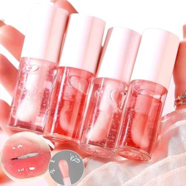 Imagem de Dulele Conjunto de 4 óleos labiais aromatizados de frutas, óleo hidratante para brilho labial, protetor labial sem aderência, cuidado labial nutritivo hidratante para mulheres/pêssego/morango (rosa, 1