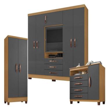 Imagem de Guarda Roupa Casal Imperial Com Cômoda Sapateira Cannes E Armário Multiuso Egito Carvalho Americano Grafite – Incorplac