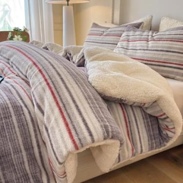 Imagem de Cyusri Conjunto de edredom de lã de ovelha listrado, 3 peças, alternativo de lã quente, cinza, vermelho, com 2 fronhas, tamanho Queen 228 cm x 228 cm