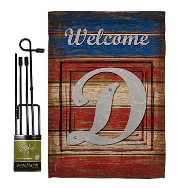 Imagem de Breeze Decor Conjunto de bandeira de jardim com inicial D com monograma de suporte estrela e listras patriotismo Independence Memorial United State American House Banner Small Yard Presente de dois lados, Feito nos EUA