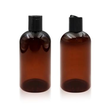 Imagem de Neendohome Pacote com 2 frascos de xampu de plástico âmbar de 227 g com tampas de disco preto, recipientes recarregáveis à prova de vazamento, para viagem, para artigos de higiene pessoal, loção de