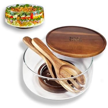 Imagem de Conjunto de tigela de salada de vidro com base de madeira de acácia, tampa e utensílios de servir. Conjunto de tigela de salada de vidro extra grande - Tigelas de salada de festa com base de madeira