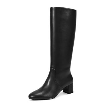 Imagem de wetkiss Botas femininas de salto baixo na altura do joelho para panturrilha, com zíper lateral, bico amêndoa, couro sintético, confortáveis para caminhar, dançar, ficar em pé por longos períodos sem