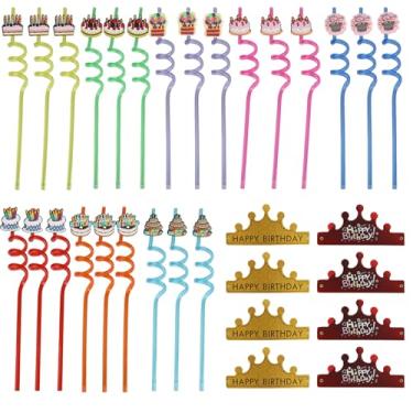 Imagem de 24 canudos de plástico reutilizáveis de aniversário e 8 peças de chapéu de coroas de papel para decorações de festa de aniversário