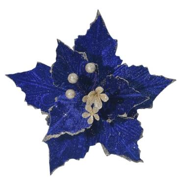 Imagem de WishTip Poinsétia de Natal, 10 peças, 25,4 cm, grandes palhetas de flores de Natal, spray de veludo artificial, enfeites de flores com glitter para decoração de guirlanda de árvore de Natal (azul