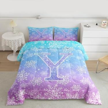 Imagem de Feelyou Conjunto de edredom de princesa para todas as estações, roxo e azul, com 1 fronha, microfibra e letra Y, para crianças, solteiro, Natal, inverno, neve, para decoração de quarto, com glitter