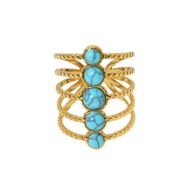Imagem de Anel feminino boêmio turquesa aberto ajustável banhado a ouro 18 k declaração estilo boêmio moda vintage empilhável anéis de dedo ajuste confortável coquetel minimalista joias