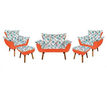 Imagem de Kit 01 Namoradeira Com 02 Poltronas E 02 Puffs Opala Composê Suede Com Estampado Traçado Azul D33 Pés Palito Castanho Laranja