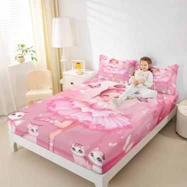 Imagem de Erosebridal Jogo de lençol solteiro fofo com desenho de bailarina rosa, princesa, dança, para crianças, meninos, meninas, 2 peças, lençol com elástico