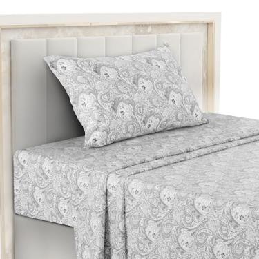 Imagem de Hannah Linen Jogo de lençol solteiro Paisley, 3 peças de microfibra macia sem vincos - Lençóis luxuosos estampados inclui lençol de cima, lençol com elástico com bolsos profundos e fronha - branco e