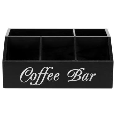 Imagem de Organizador para estação de café, 5 compartimentos, acessórios para cafeteria, barra de madeira, suporte vintage para estação de armazenamento para bancada (preto)