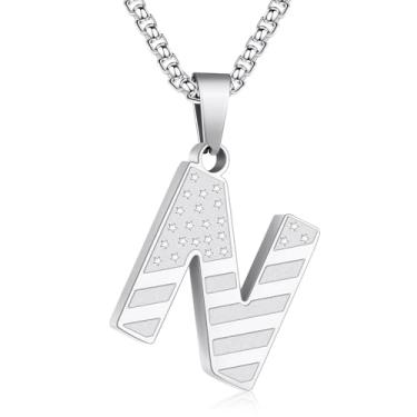 Imagem de Zocomi Colar com pingente de inicial da bandeira americana para homens e meninos, corrente de aço inoxidável 316L A-Z caixa de letras 50 + 5 cm joias presentes, Aço inoxidável, Sem Pedra Preciosa