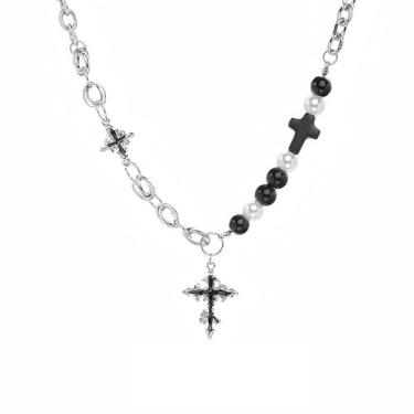 Imagem de Colar gargantilha com cruz preta, prata esterlina, grosso, assimétrico, contas, corrente hippie, fé, pingente de cruz, joias delicadas com pérolas para mulheres e homens
