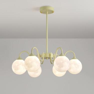 Imagem de Lustres modernos em branco leitoso para sala de jantar, luminárias pendentes verdes com impressão 3D, lustre de bola de planeta lunar para ilha de cozinha, sala de estar, restaurante, 6 luze