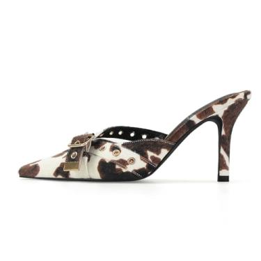 Imagem de Dsevht Salto gatinho preto feminino bico fino fechado elegante salto laço vintage mules sexy pontudo cravejado sapato stiletto, Estampa de vaca preta, 40