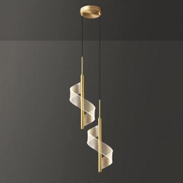 Imagem de Lustre LED de latão moderno em espiral de acrílico, luminária pendente de cabeceira, iluminação de decoração, luz suspensa de cobre para mesa de jantar, ilha de cozinha, entrada, sala de jan
