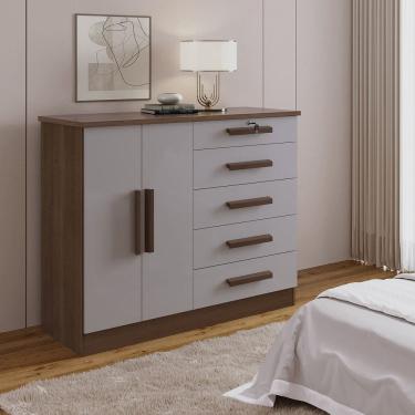 Imagem de Cômoda 5 Gavetas e com Chave Tampo e Frente em Mdf Zeus Castanho /Off White
