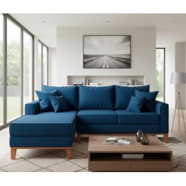 Imagem de Sofá Beny com Chaise Esquerda, 1,40x2,20m, 3 Lugares, Linho, Base em Madeira. (Azul)