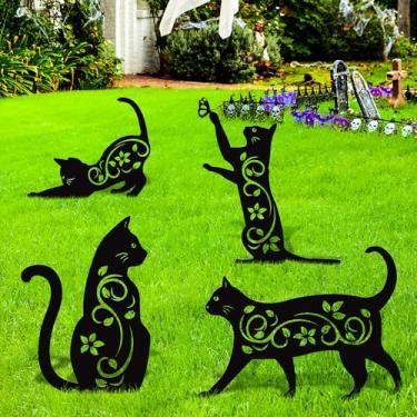 Imagem de Elcoho Pacote com 4 estátuas de jardim de gato preto silhueta de gato de metal bonito repelente de pássaros estacas decorativas de jardim para quintal, jardim, gramado decorações ao ar livre
