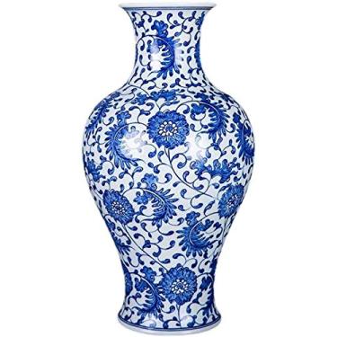 Imagem de Vaso de cerâmica artesanal artesanato azul e branco acessórios de hotel para quarto (34 * 19 cm) para flores