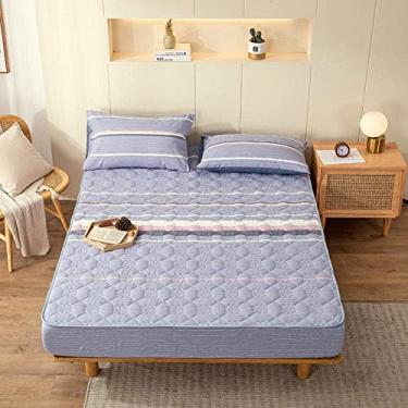 Imagem de Lençol de baixo elástico macio resistente a rugas, capa de colchão acolchoado espesso, forro de colchão permeável ao ar para quarto, apartamento, hotel, cinza, 150 × 200 cm + 30 cm (azul a sujo