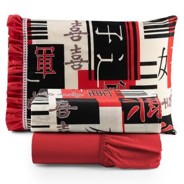 Imagem de Jogo Cama Lençol Fiore Solteiro Estampado 180 Fios 100% Algodão com Babadinho 3 Peças Vermelho Oriental Japonês