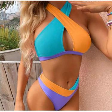 Imagem de Traje De Banho Feminino Bloco De Cor Dividida Sexy Biquíni - .
