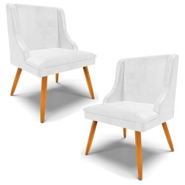Imagem de Kit 2 Cadeiras Decorativas Sala de Jantar Pés Palito de Madeira Firenze PU Branco Brilho/Natural G19 - Gran Belo