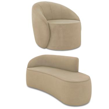 Imagem de Sofá 3 Lugares Orgânico 180cm Morgan e Poltrona Lua Suede Marrom Rato D03 - D'Rossi