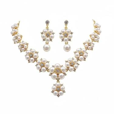 Imagem de Colar brincos modernos pérola strass conjunto de joias para mulheres banhado a ouro 14 k brincos de pérola delicados colar feito à mão para mulheres joias modernas presentes de ouro