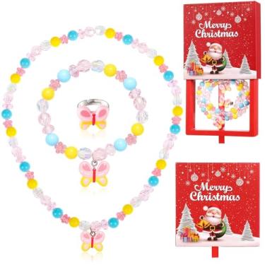 Imagem de Tondiamo Joias infantis de Natal para meninas, princesas, colares e pulseiras com contas de presente com caixa de presente para lembrancinhas de festa de aniversário de Natal, bracelet circumference
