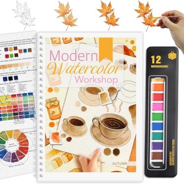 Imagem de Livro de exercícios em aquarela, livro de colorir com 12 padrões, livros de aquarela para iniciantes com 12 cores de tinta e pincel, conjunto de tinta de aquarela, estresse - presente para alívio de