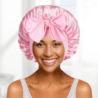 Imagem de Touca de cetim de seda para mulheres dormindo, touca para dormir à noite, cachecol para cabelos cacheados com faixa de gravata (rosa)