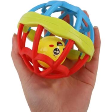 Imagem de Bola Mordedor para Bebês(Chocalho), Multicolorido, Plástico e Silicone, Massageador de Gengiva, Brinquedo Sensorial, 10x8x8 cm, 0-24 Meses