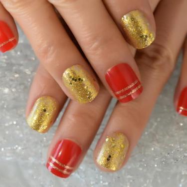 Imagem de Unhas curtas Squoval Press on Nails Golden Red Fake Nails Glossy Full Cover Kit de unhas postiças para mulheres - 24 peças/conjunto
