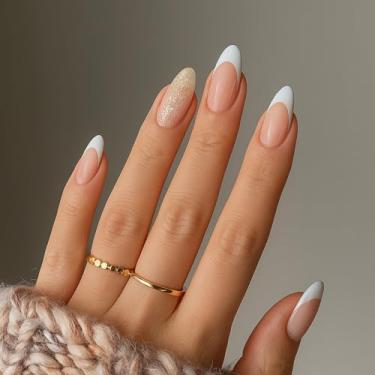 Imagem de Pregos de ponta francesa, prensa de amêndoa curta branca em unhas falsas cola reutilizável 24 peças com abas adesivas